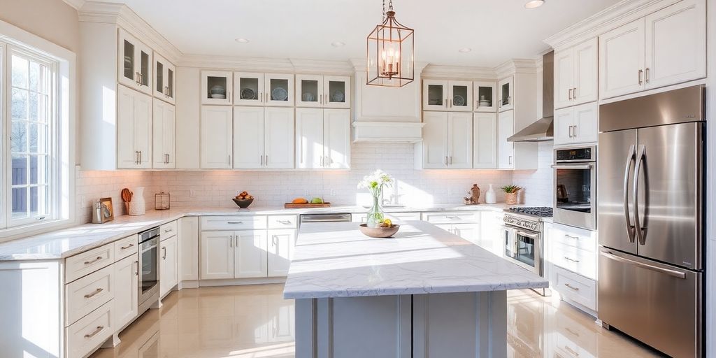 Modern kitchen with island and sleek cabinets.